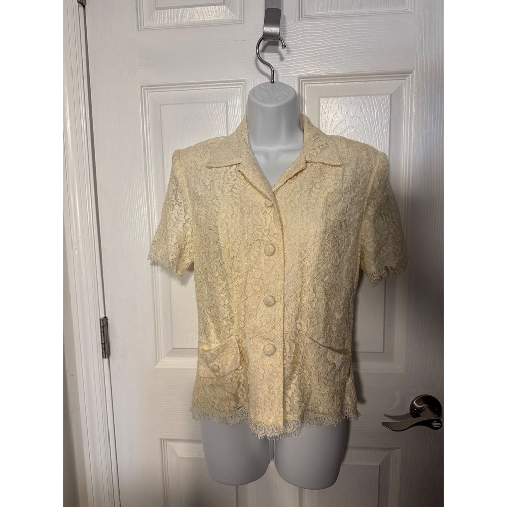 VTG Oberon New York Petites Cream Lace Short Sleeve Blazer Jacket Ivory Size 8 P